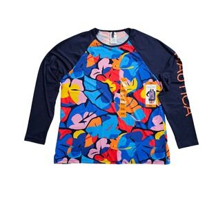 Nautica XXL Women XXL Navy Tropical Rash Guard Long Sleeve Swim Top